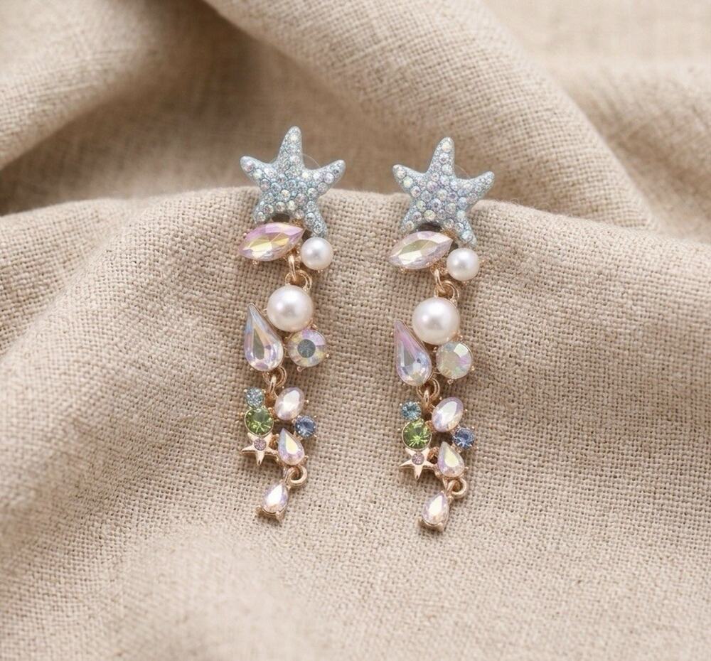 Anthropologie Starfish Pearl Gold Earrings Crystal Boho Celestial Mermaid Core